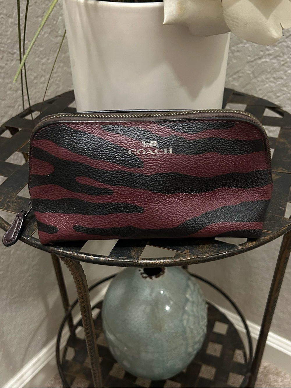 COACH Men's Burgundy and Black Zebra Print Toiletry Pouch